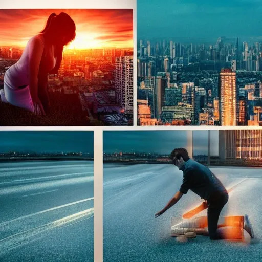 3d Render of a woman crying down on her knees while a man stands in the back looking at the horizon, set against a a big city at night, close-up, cinematic, high contrast, rim light,  fiery effect, photo, realistic, extremely detailed,masterpiece