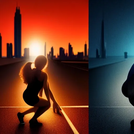 3d Render of a woman crying down on her knees while a man stands in the back looking at the horizon, set against a a big city at night, close-up, cinematic, high contrast, rim light,  fiery effect, photo, realistic, extremely detailed,masterpiece