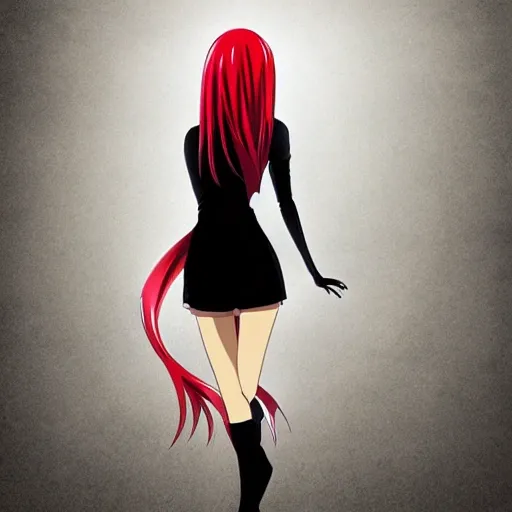 Please generate an image of a woman in anime style with red hair, full body, straight hair that falls to the shoulders, large breasts and a slender waist.