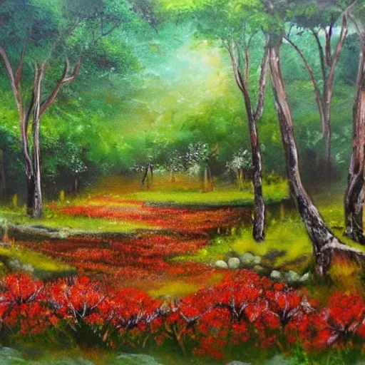 bosque encantado humedo lleno de variados hongos y flores misticas paisaje tipo pintura