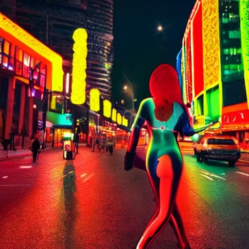 (realistic cinematica) (colourful) (masterpiece) futuristic night street full of neons, strong slim red hair white skin girl, dark sexy outfit, (huge sword) cats around the girl