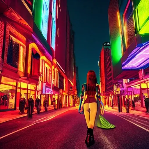 (realistic cinematica) (colourful) (masterpiece) futuristic night street full of neons, strong slim red hair white skin girl, dark sexy outfit, (huge sword) cats around the girl