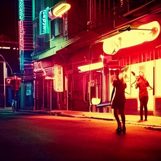 futuristic neon dark night street, red har girl, blood, cats