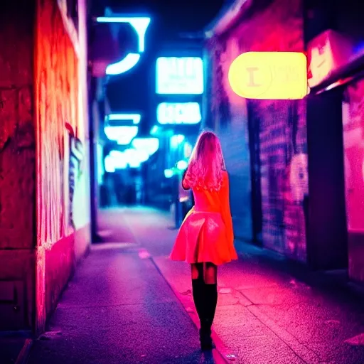 futuristic neon dark night street, red har girl, blood, cat on t ...