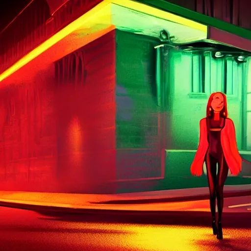 futuristic neon dark night street, red har girl,( blood) cat on the street, (REALISM)