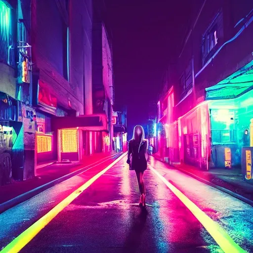 futuristic neon dark night street, CAT AND GIRL
