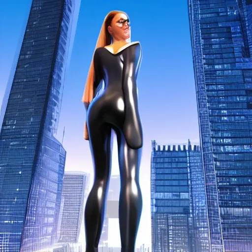 hyper realistic female superhero in futuristic uptopian city with glass skyscrapers