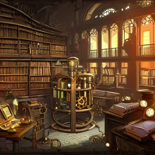 A digital illustration of a steampunk library with clockwork machines, 4k, detailed, artstation trend, fantasy bright colors