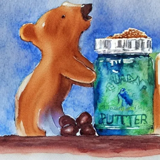 a buttle of peanut butter with a bear in the front, Water Color