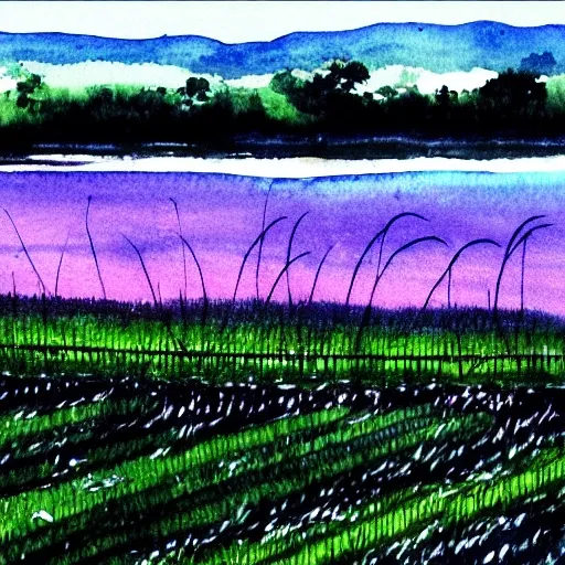 Rice field, Water Color