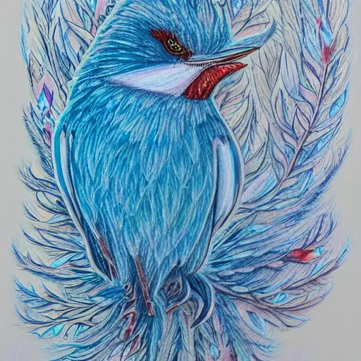  Colored pencil art on paper, Frost Spirit Bird, highly detailed, artstation, MasterPiece, Award-Winning, Caran d'Ache Luminance, Cartoon