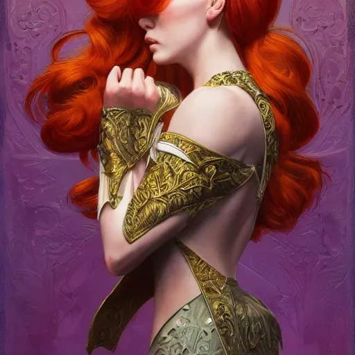 cheaky ginger, confident, bold, passionate , seductive, expressive, charismatic, very sweaty, intricate fashion clothing, insane, intricate, highly detailed, digital painting, artstation, concept art, smooth, sharp focus, illustration, Unreal Engine 5, 8K, art by artgerm and greg rutkowski and alphonse mucha