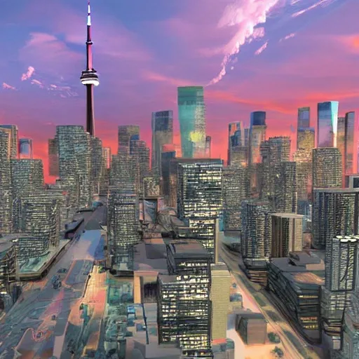 Toronto in the Year 2080, realistic image, 3D, Cartoon