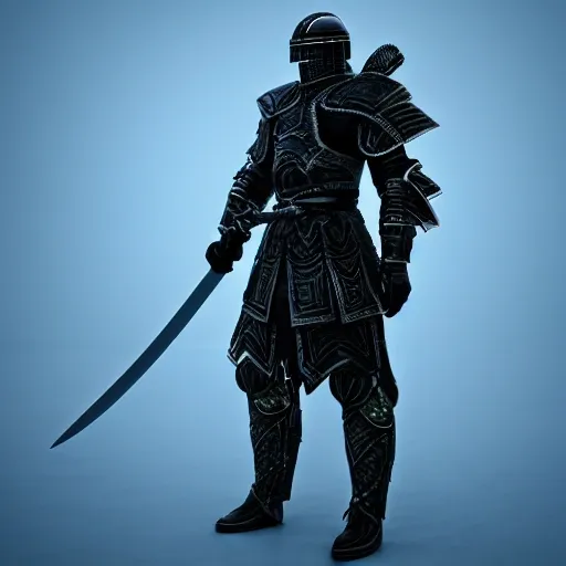 sword warrior in cyber armor, 8k hyperrealistic, render, freezing silhouette