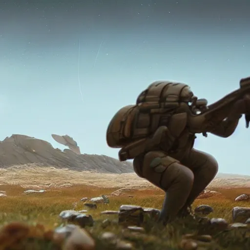 A soldier of the future navigating a harsh, otherworldly landscape, facing off against strange and dangerous creatures. (Intricate, Poignant), inspired by the work of Simon Stålenhag and utilizing Unreal Engine 5 technology.