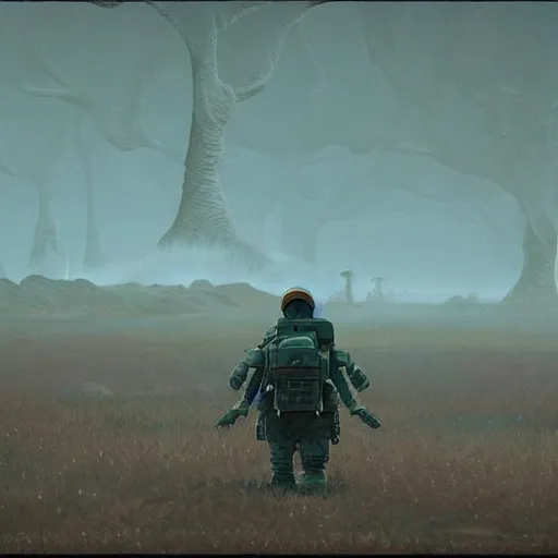 A soldier of the future navigating a harsh, otherworldly landscape, facing off against strange and dangerous creatures. (Intricate, Poignant), inspired by the work of Simon Stålenhag and utilizing Unreal Engine 5 technology.