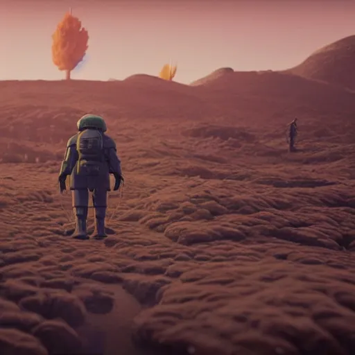 A soldier of the future navigating a harsh, otherworldly landscape, facing off against strange and dangerous creatures. (Intricate, Poignant), inspired by the work of Simon Stålenhag and utilizing Unreal Engine 5 technology.