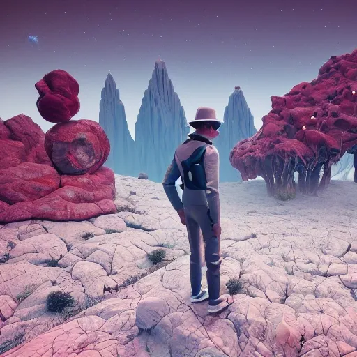 micheal jackson of the future navigating a harsh, otherworldly landscape, facing off against strange and dangerous creatures. (Intricate, Poignant), inspired by the work of Simon Stålenhag and utilizing Unreal Engine 5 technology.