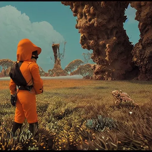 micheal jackson navigating a harsh, otherworldly landscape, facing off against strange and dangerous creatures. (Intricate, Poignant), inspired by the work of Simon Stålenhag and utilizing Unreal Engine 5 technology.