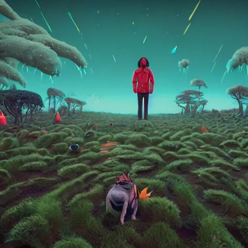 micheal jackson navigating a harsh, otherworldly landscape, facing off against strange and dangerous creatures. (Intricate, Poignant), inspired by the work of Simon Stålenhag and utilizing Unreal Engine 5 technology.