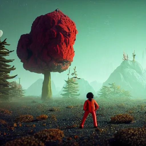 micheal jackson navigating a harsh, otherworldly landscape, facing off against strange and dangerous creatures. (Intricate, Poignant), inspired by the work of Simon Stålenhag and utilizing Unreal Engine 5 technology.