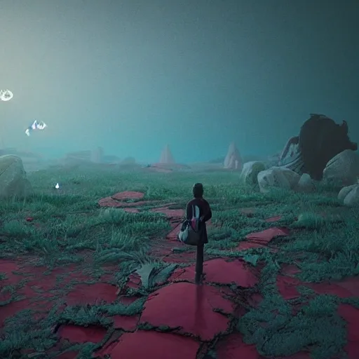 micheal jackson navigating a harsh, otherworldly landscape, facing off against strange and dangerous creatures. (Intricate, Poignant), inspired by the work of Simon Stålenhag and utilizing Unreal Engine 5 technology.