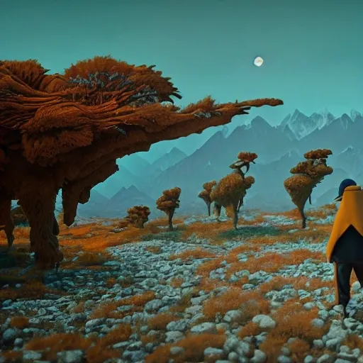 micheal jackson navigating a harsh, otherworldly landscape, facing off against strange and dangerous creatures. (Intricate, Poignant), inspired by the work of Simon Stålenhag and utilizing Unreal Engine 5 technology.