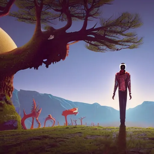 micheal jackson navigating a harsh, otherworldly landscape, facing off against strange and dangerous creatures. (Intricate, Poignant), inspired by the work of Simon Stålenhag and utilizing Unreal Engine 5 technology.