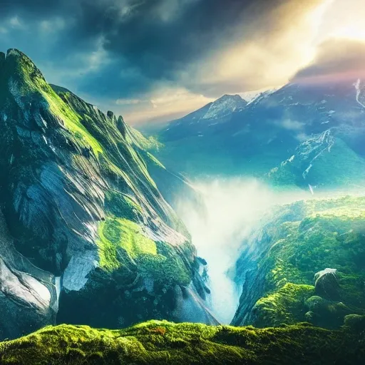 stunning mountain peak waterfall, lush vegetation, soft fluffly epic clouds, max rive, vibrant, colorful, dramatic cinematic lighting, volumetric rays, 4k, 8k, --ar 2:3 --style 4b --stylize 1000 --q 2