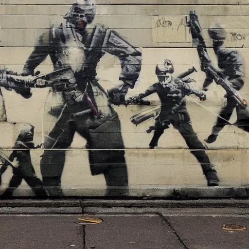 war, in the style of bansky