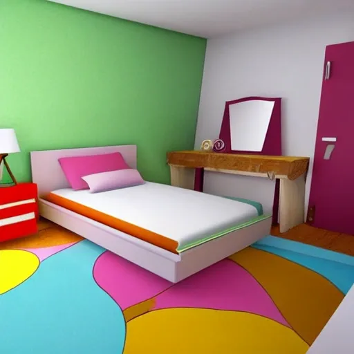 child's bedroom, wihout color, bed perspective, , Trippy