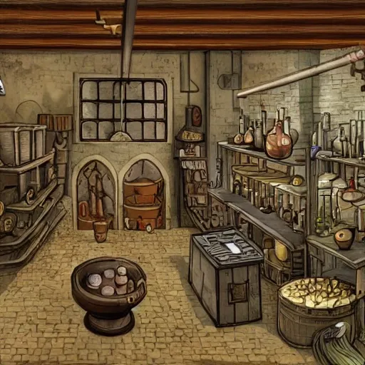 medieval chemical laboratory full of all kinds of artifacts typical of alchemists