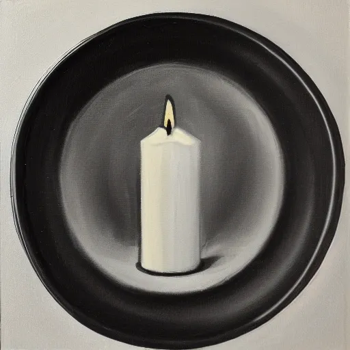 oil painting of a full candle in a plate in black and white