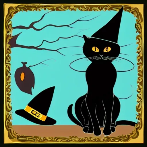 Cartoon a black cat with a witch hat