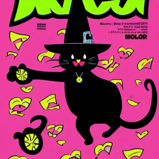 Cartoon a black cat with a witch hat, superhero comic style magazine cover