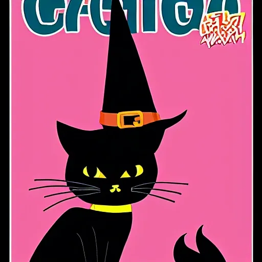 Cartoon a black cat with a witch hat, superhero comic style magazine cover, the title of the magazine is cat witch