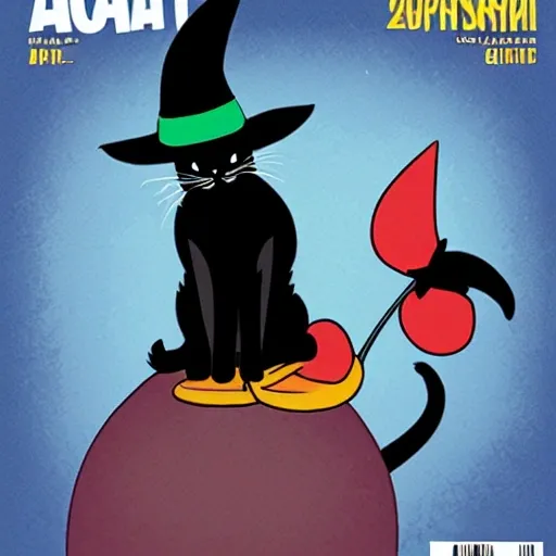 Cartoon a black cat with a witch hat, superhero comic style magazine cover, the title of the magazine is cat witch