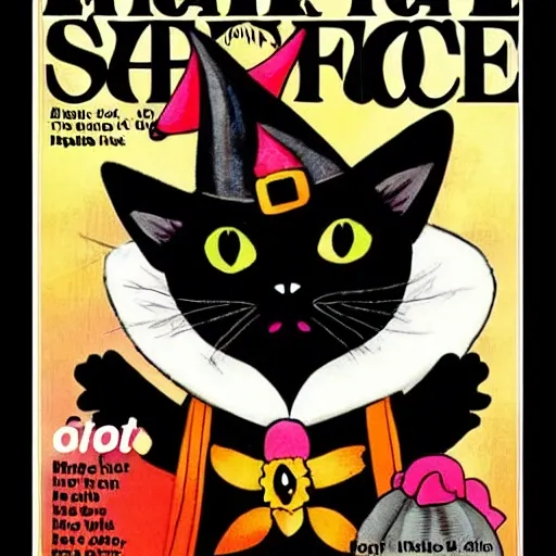 Cartoon a black cat with a witch hat, style magazine cover, the title of the magazine is cat witch