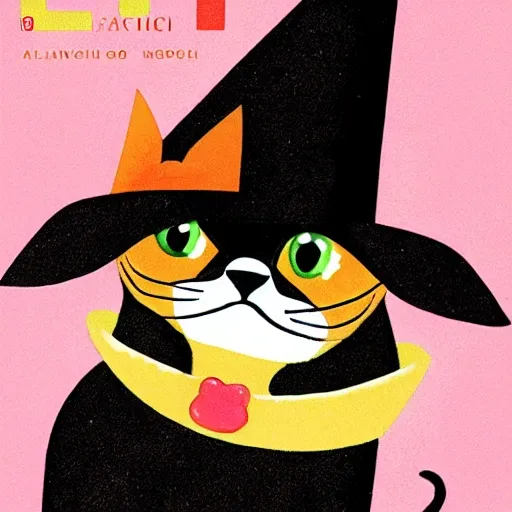 Cartoon a black cat with a witch hat, style magazine cover, the title of the magazine is cat witch