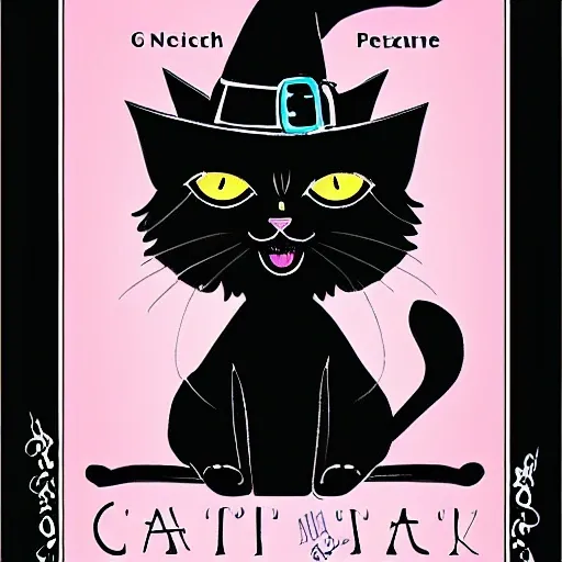 Cartoon a black cat with a witch hat, style magazine cover, the title of the magazine is cat witch