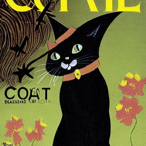 Cartoon a black cat with a witch hat, style magazine cover, the title of the magazine is cat witch