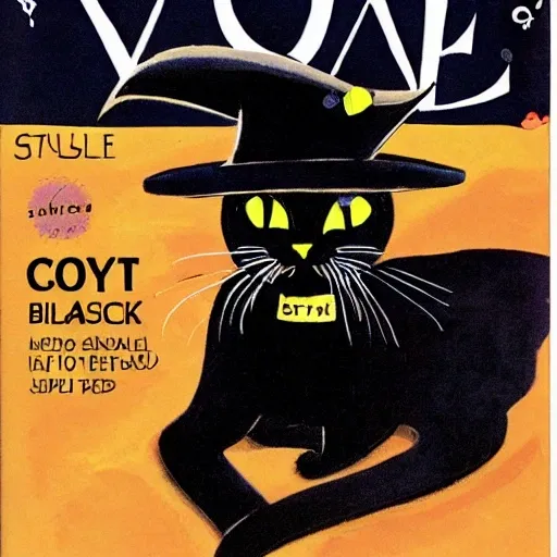 Cartoon a black cat with a witch hat, style magazine cover, the title of the magazine is cat witch