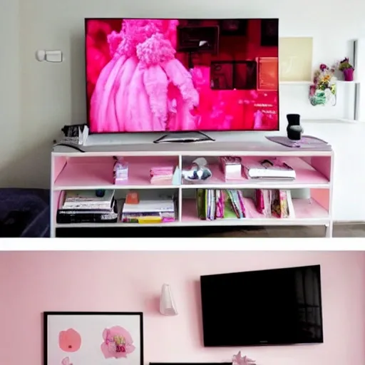 una habitación con una cama rosa pastel, una tv y una pc, un consola y posters de varios animes, colores rosas