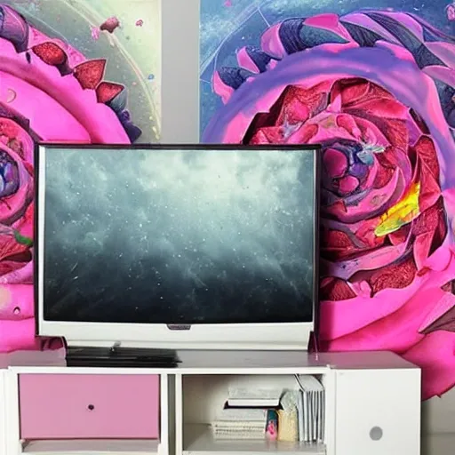 una habitación con una cama rosa pastel, una tv y una pc, un consola y posters de varios animes, colores rosas, Cartoon, Trippy