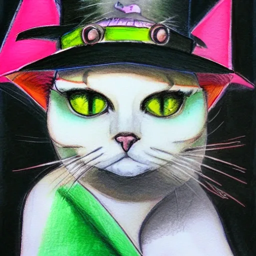 
a cat black with a hat witch , Cartoon, Trippy, Trippy, Oil Painting, Water Color, Pencil Sketch, 3D