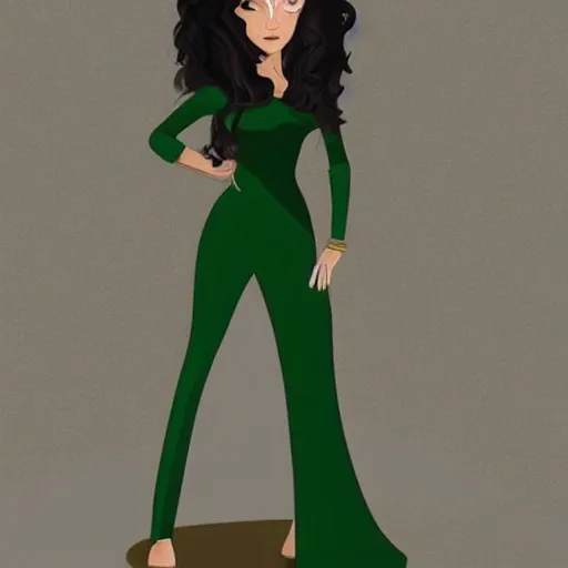 realiza una imagen de una mujer morena, ojos grandes, pelo ondulado mitad del pelo verde y la mitad superior negro. vestida con ropa negra estilo bruja o vibras de bruja , Cartoon