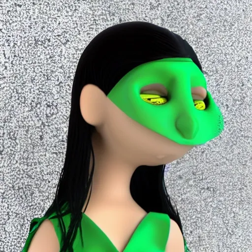  una mujer morena, ojos grandes, pelo ondulado de color verde con negro. Vestida con restilo bruja o vibras de bruja se ve solo hasta la cintura,, Cartoon, 3D