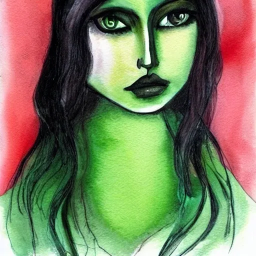 Mujer morena, sensual, ojos grandes, cabello ondulado de color verde con negro. Vestida con restilo bruja o vibras de bruja se ve solo hasta la cintura,, Water Color