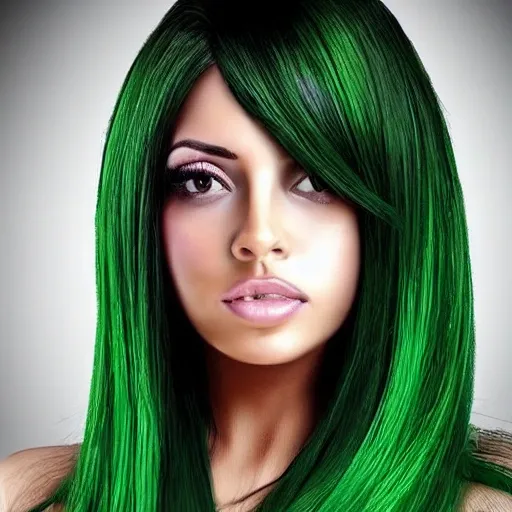 Mujer morena, sensual, ojos grandes, cabello ondulado de color verde con negro. Vestida con restilo bruja o vibras de bruja se ve solo hasta la cintura, anime