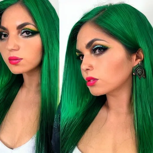 Mujer morena, sensual, ojos grandes, cabello ondulado de color verde con negro. Vestida con restilo bruja o vibras de bruja se ve solo hasta la cintura, , Trippy